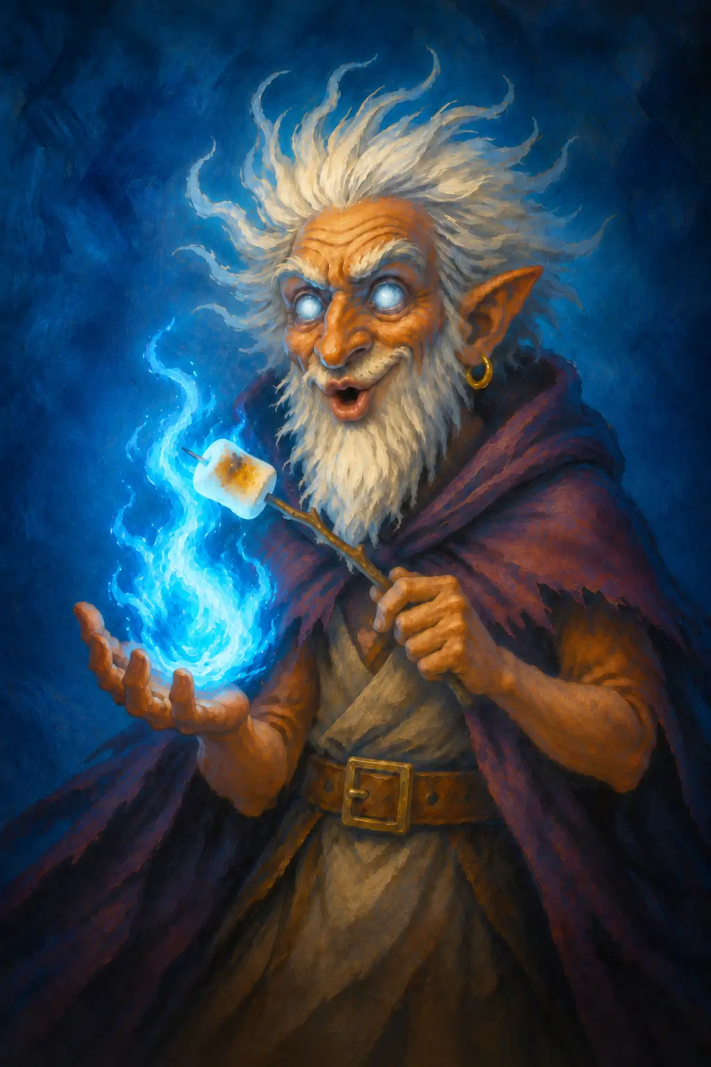 Dootch Moonbone roasting a marshmallow with blue magic