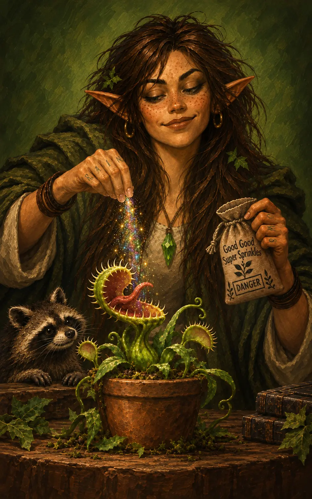 Orla Stormbloom feeding sprinkles to a carnivorous plant