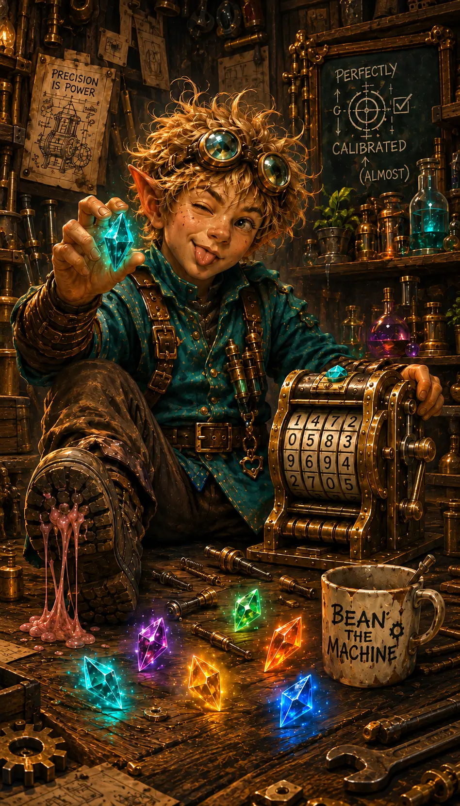 Bean Smeltfire testing glowing gems in a crowded workshop