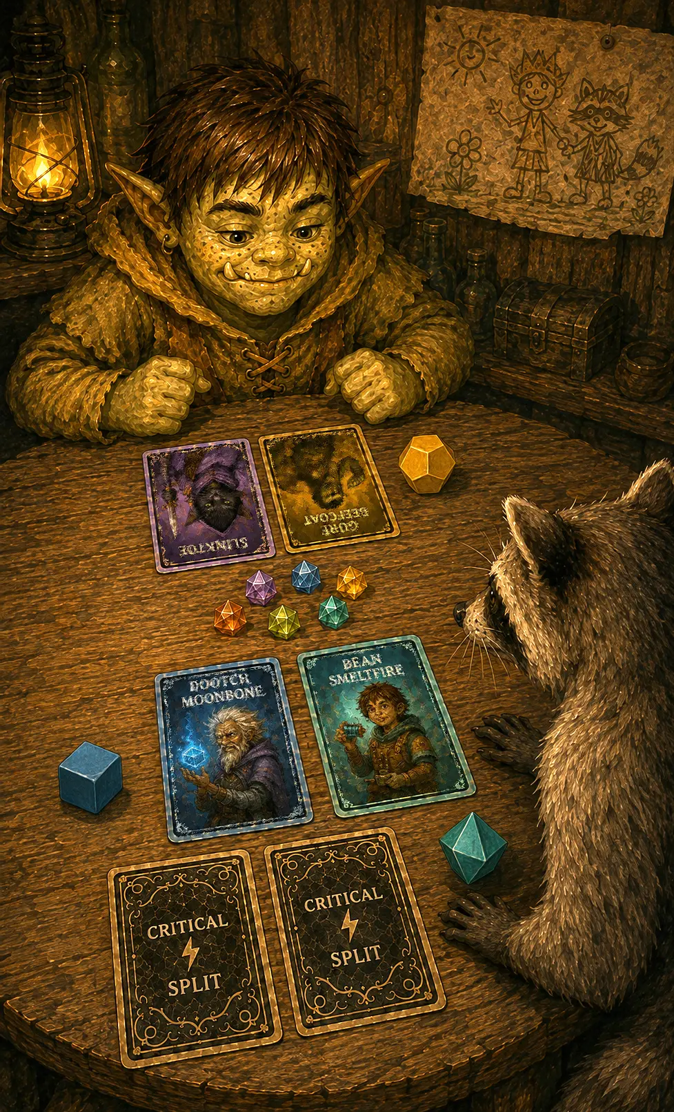 A boy and woodland animals playing Critical Split by lantern light
