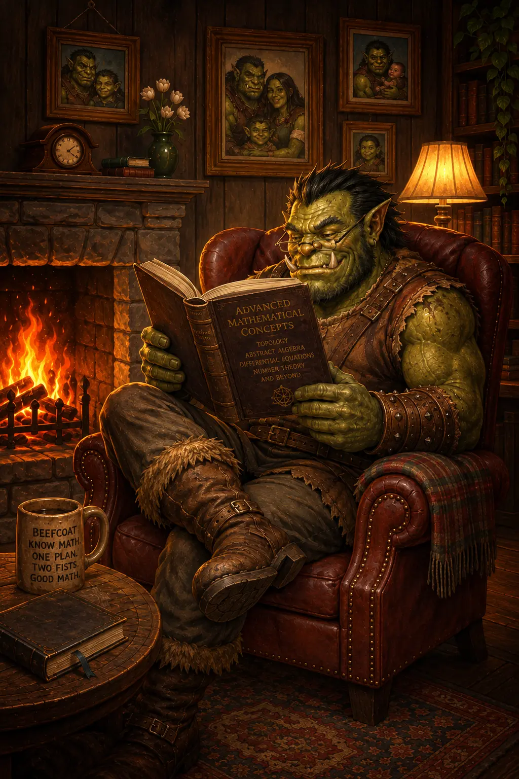 Gurf Beefcoat reading an advanced mathematics book by the fire