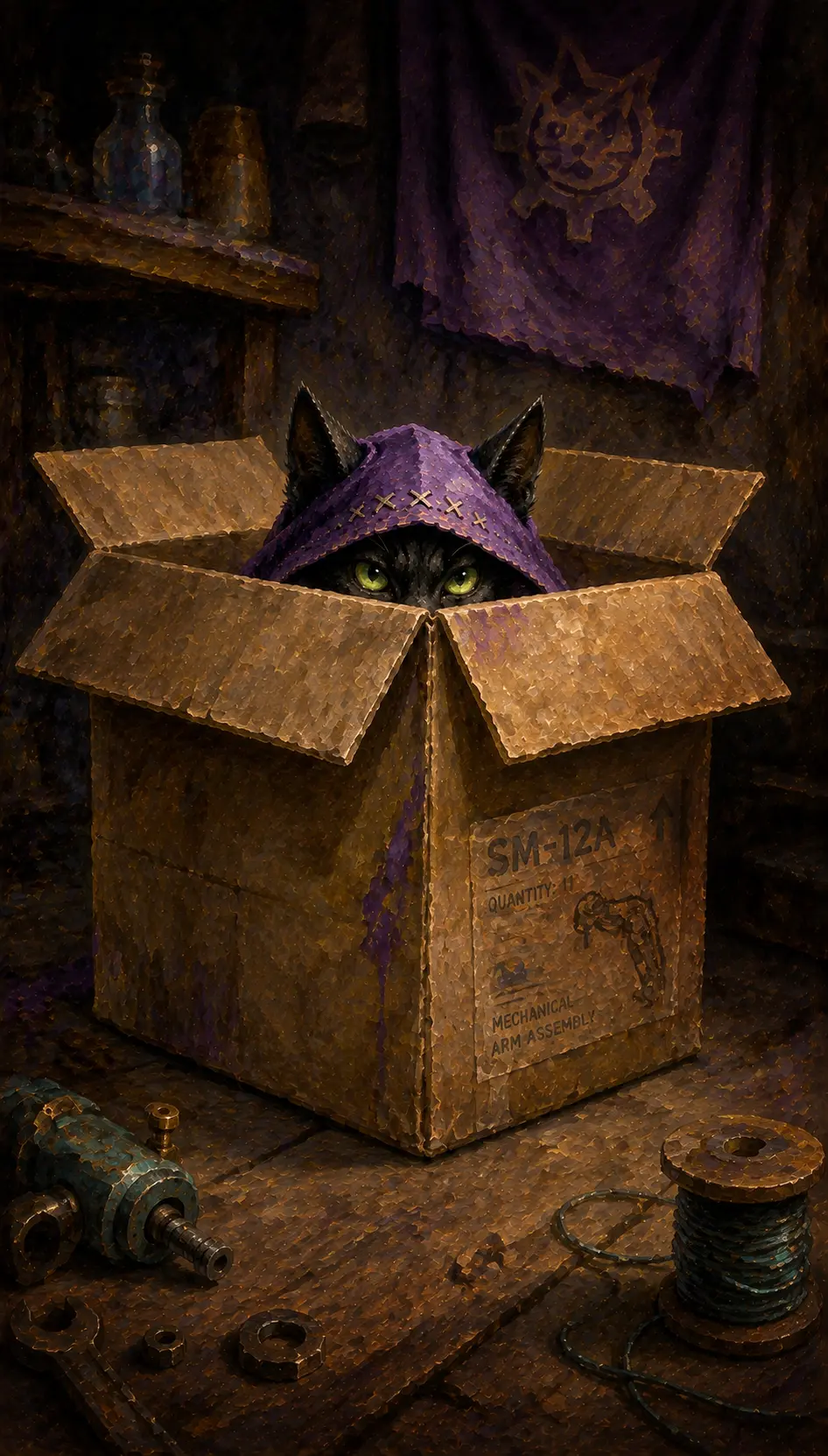 Hype Slinktoe peeking out of a cardboard box