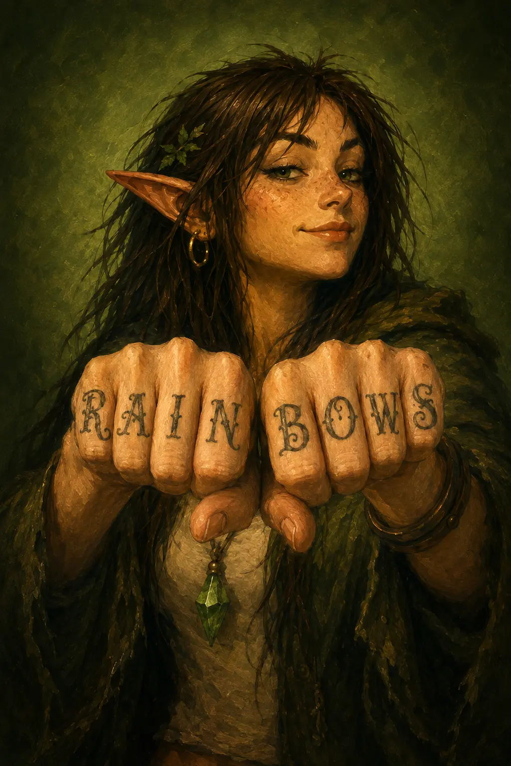 Orla Stormbloom showing RAIN BOWS tattooed across her knuckles