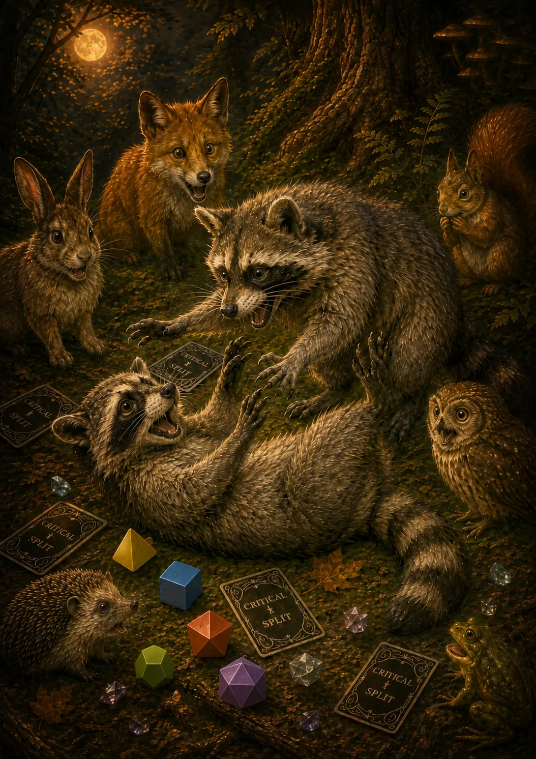 Woodland animals gathered around a chaotic game of Critical Split